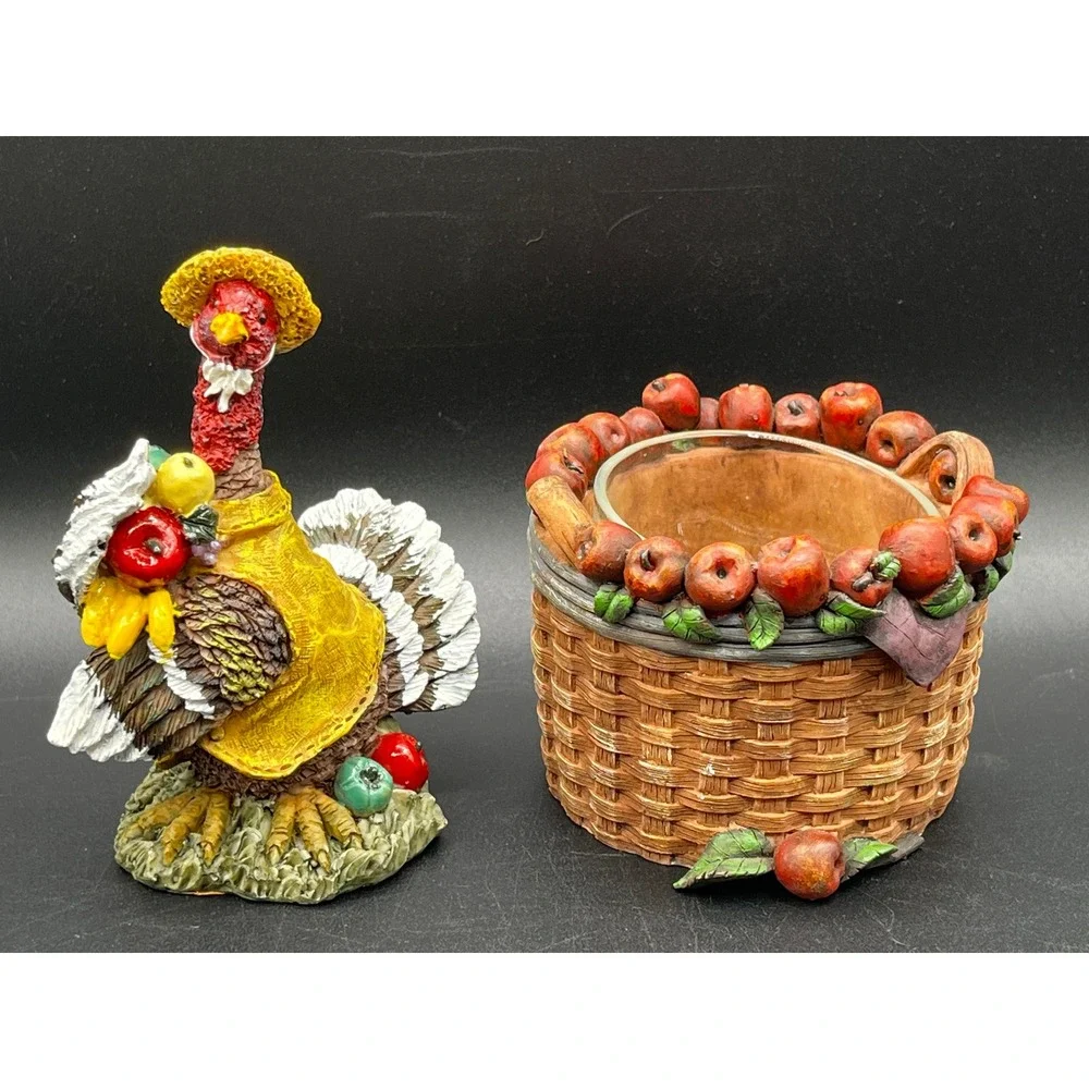 Homespun Country Thanksgiving Turkey Figurine Apple Basket Votive Holder Set